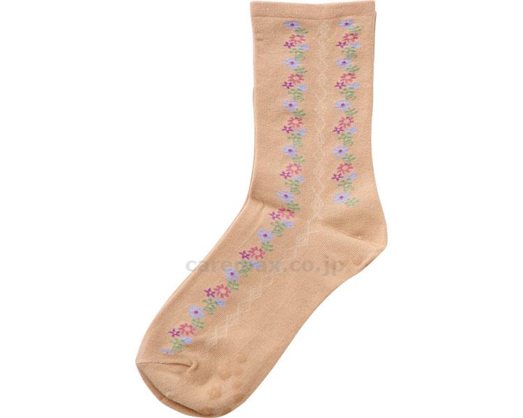 婦人ゴムなし柄すべり止めソックス（タテ花）/333822～24cmモカ(cm-313660)【販売単位:1】