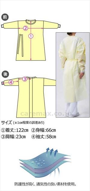 【※法人・施設限定・送料別途】セーフウェア SMSアイソレーションガウン / SFWGGW824R フリー イエロー 10枚入(cm-494178)【販売単位:5】