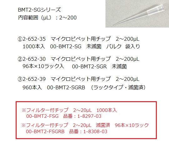 2-652-30 マイクロピペット用チップ 2～200μL 960本入 00-BMT2-SGRニチリョー