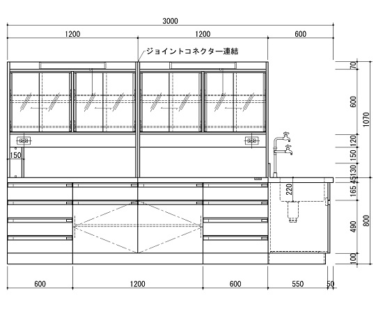 【大型商品※送料別途】3-3871-03 中央実験台 木製ホワイトタイプ・ケコミ型・側面流し台・試薬棚付き 3000×1200×