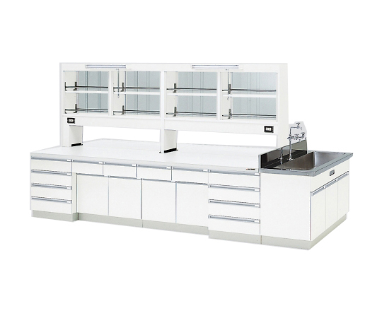 【大型商品※送料別途】3-3871-03 中央実験台 木製ホワイトタイプ・ケコミ型・側面流し台・試薬棚付き 3000×1200×