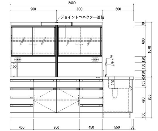 【大型商品※送料別途】3-3872-02 中央実験台 木製ホワイトタイプ・ケコミ型・側面流し台・試薬棚付き 2400×1500×