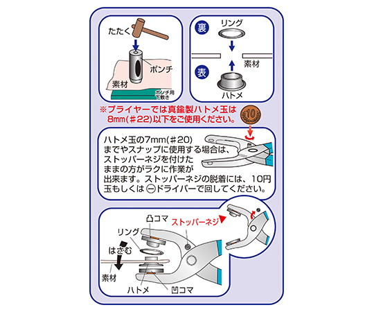 3-9352-07 両面ハトメプライヤーセット 15mm 51623イチネンミツトモ