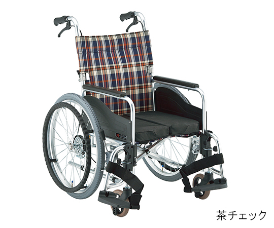7-2196-02 自動ブレーキ装置付車いす（アルミ製自走式） 茶チェック 420mm AR-511BT S-1松永製作所