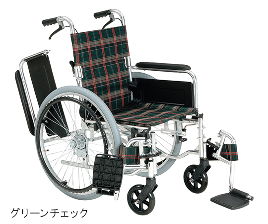 7-2276-01 車いす（自走式アルミ製背折れタイプ） エアータイヤ グリーンチェック KS-80GC（エアータイヤ）マキテッ