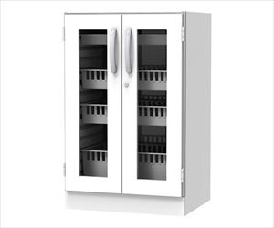 【組立必要】7-9647-03 材料キャビネット（ロータイプ・トレイ収納） 664×550×1050mm 両開きガラス扉 SL-