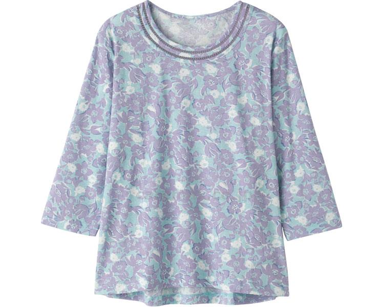 背中ゆったり着心地7分袖花柄Tシャツ / 98135-22 L パープル【販売単位:1】(cm-453661)(cm-45366