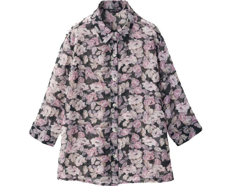 7分袖シフォンプリントブラウス / 98402-51 M～L 黒大花(cm-454265)[枚]