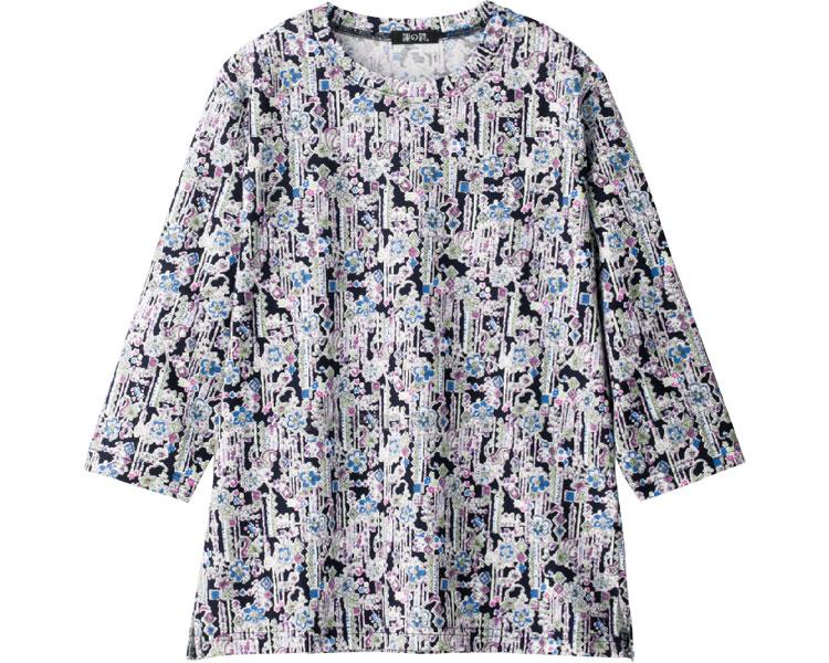7分袖京染め花柄Tシャツ / 98414-21 M～L ネイビー(cm-454323)[枚]