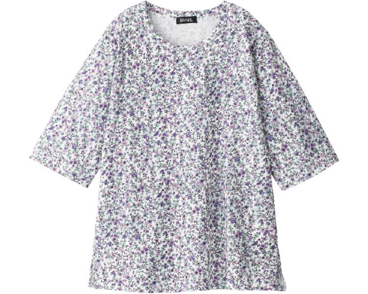 5分袖小花柄Tシャツ / 98422-01 M～L パープル(cm-454366)[枚]
