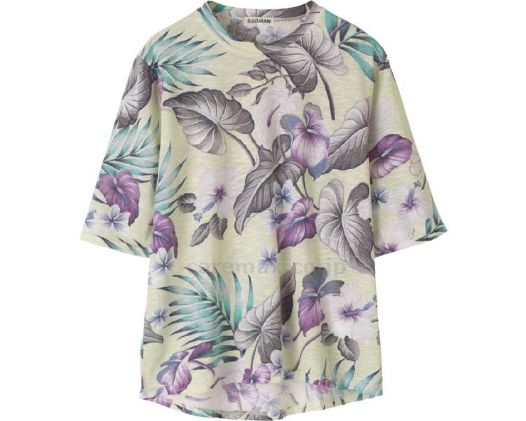 5分袖後ろ長めスラブ花柄Tシャツ / 98423-01 M～L クリーム【販売単位:1】(cm-454379)(cm-45437
