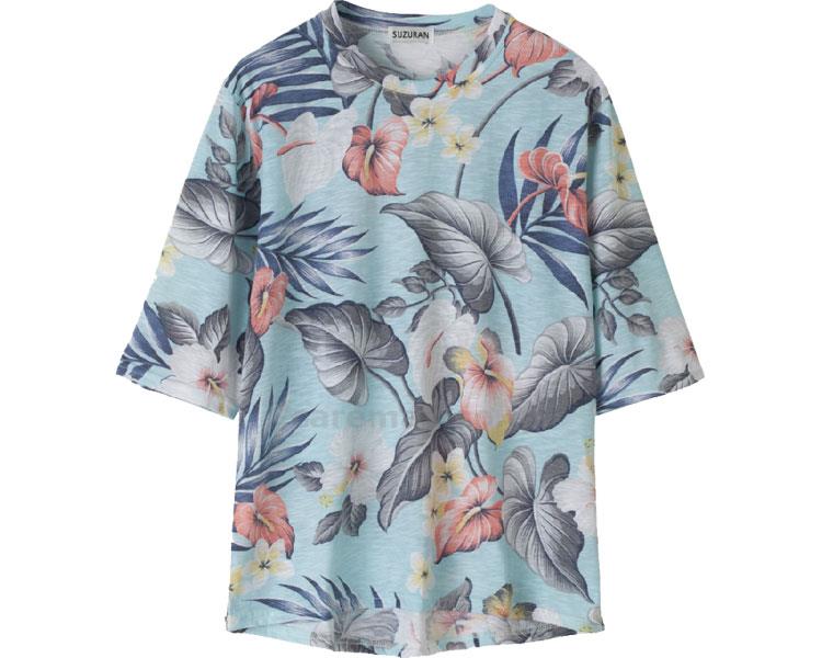 5分袖後ろ長めスラブ花柄Tシャツ / 98423-11 M～L サックス【販売単位:1】(cm-454380)(cm-45438