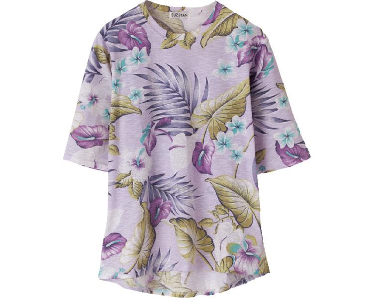 5分袖後ろ長めスラブ花柄Tシャツ / 98423-21 M～L パープル【販売単位:1】(cm-454381)(cm-45438