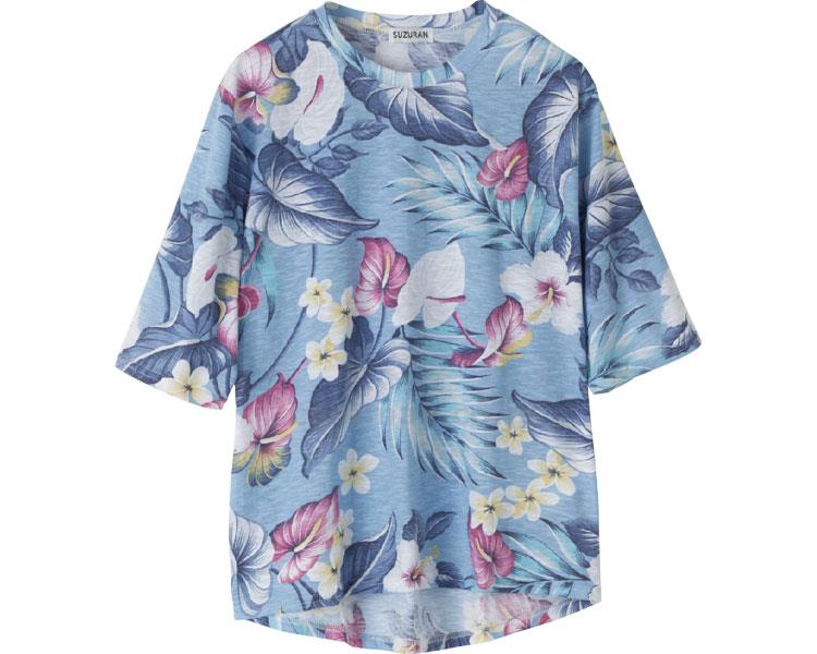5分袖後ろ長めスラブ花柄Tシャツ / 98423-31 M～L ブルー【販売単位:1】(cm-454382)(cm-454382