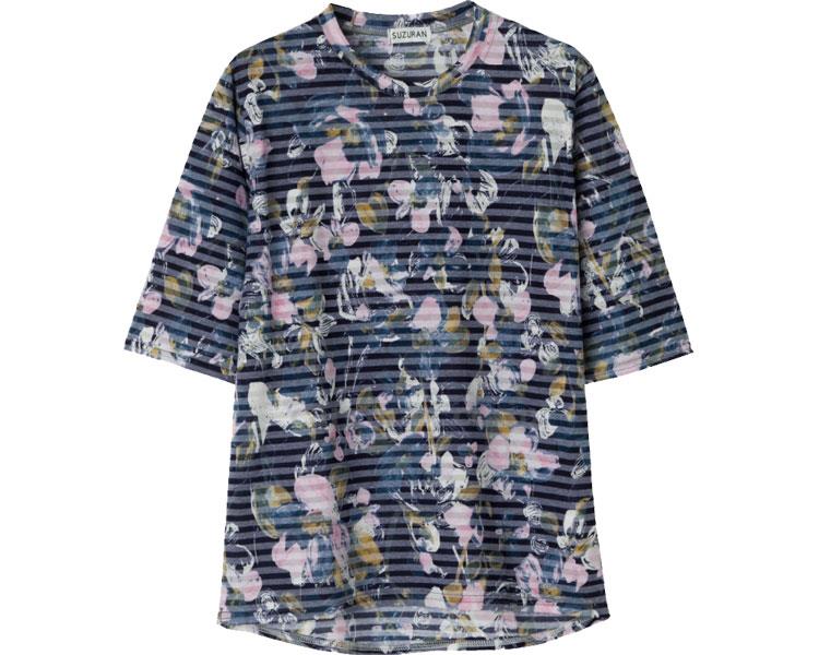 5分袖後ろ長め花柄ボーダーTシャツ / 98425-21 M～L ネイビー(cm-454388)[枚]