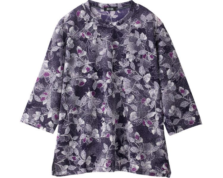 7分袖京染めエスパンディ花柄Tシャツ / 98427-01 M～L パープル(cm-454395)[枚]