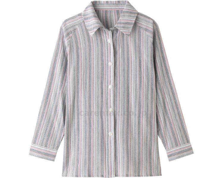 ストライプ柄マグネット釦ブラウス 指先ストレッチ / 97570-01 M～L ピンク【販売単位:1】(cm-454848)(c