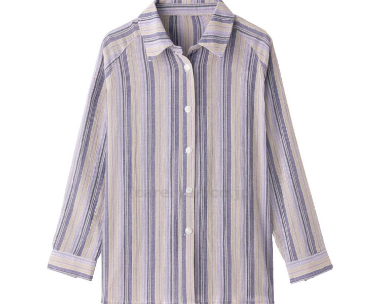 ストライプ柄マグネット釦ブラウス 指先ストレッチ / 97570-21 M～L パープル【販売単位:1】(cm-454850)(