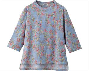 5分袖後ろ長め小花柄Tシャツ / 820055-11　M～L　ブルーグレー(cm-480385)[枚]