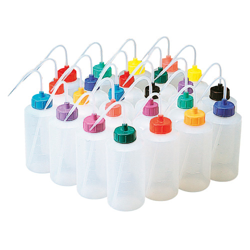 カラーキャップ付洗浄瓶（細口） 100ML(12ﾎﾝｲﾘ) ｶﾗｰｷｬｯﾌﾟﾂｷｾﾝｼﾞｮｳﾋﾞﾝ レモンイエロー(23-502