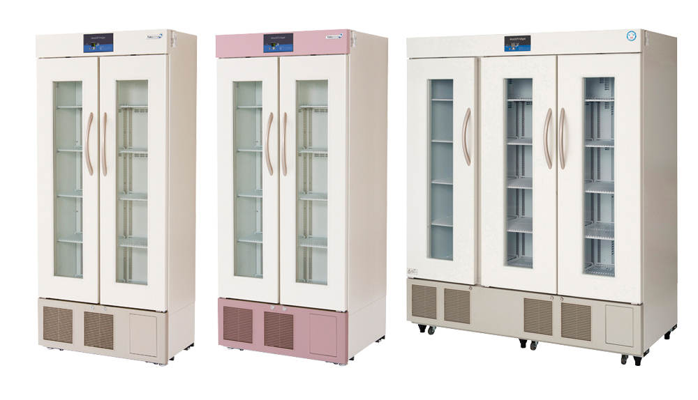 薬用保冷庫 FMS-1004G(1020L) ﾔｸﾖｳﾎﾚｲｺ イエロー（上部・下部パネル）(23-7790-03-05)【福島