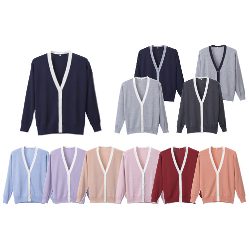 抗ピル配色カーディガン ｺｳﾋﾟﾙﾊｲｼｮｸｶｰﾃﾞｨｶﾞﾝ D-1013(S)【1枚単位】(24-2928-00) オレンジ×ホワイト